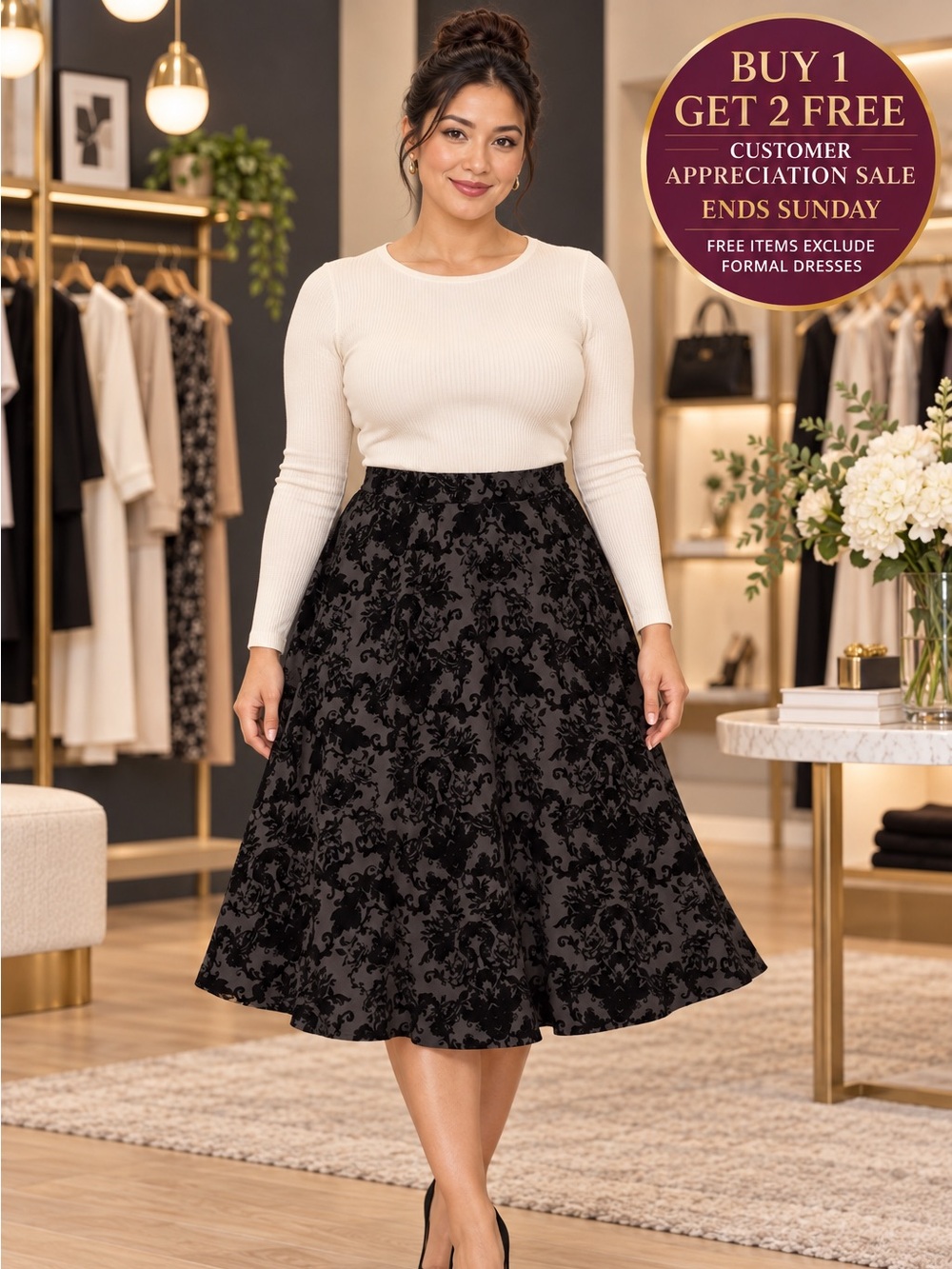 Faith and Joy by Monteau Skirt Size Large Black Velvet Floral Midi A-Line